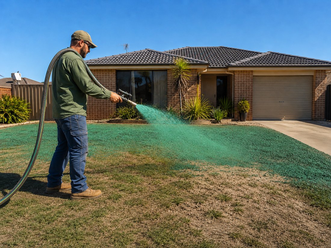Patchy residential lawn being hydroseeded by operator